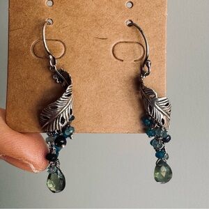 Sterling Silver Feather and Green and Blue Drop Dangle Earrings 4.85 grams